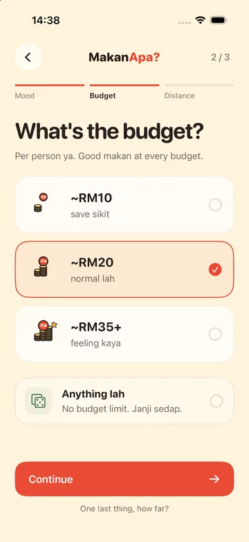 Budget step with ~RM10 Save a bit, ~RM20 Normal and ~RM35+ Treat myself