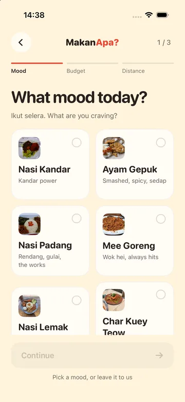 Mood step with options like Nasi Kandar, Ayam Gepuk and Nasi Padang